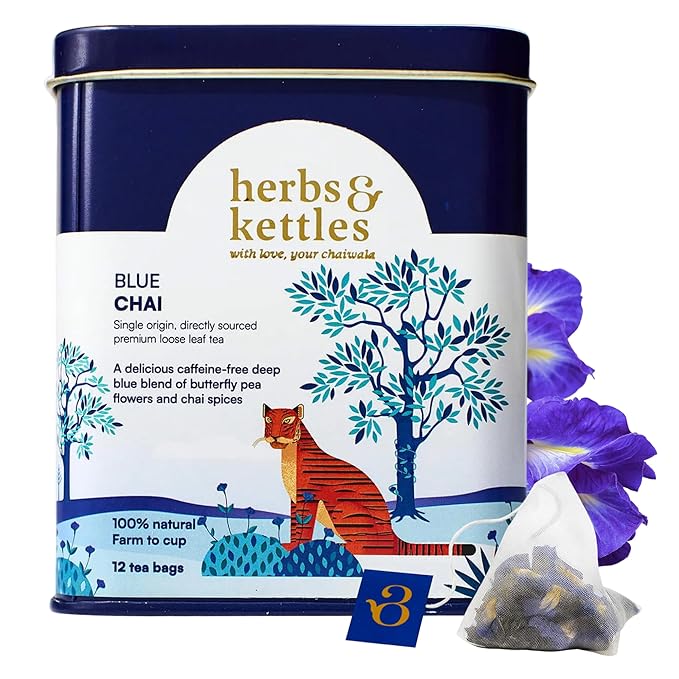 Herbs & Kettles – Loose Leaf Assam Black Tea – 1.06 oz Tin Makes 20–30 Cups – Enjoy Hot or Iced (blue chai)