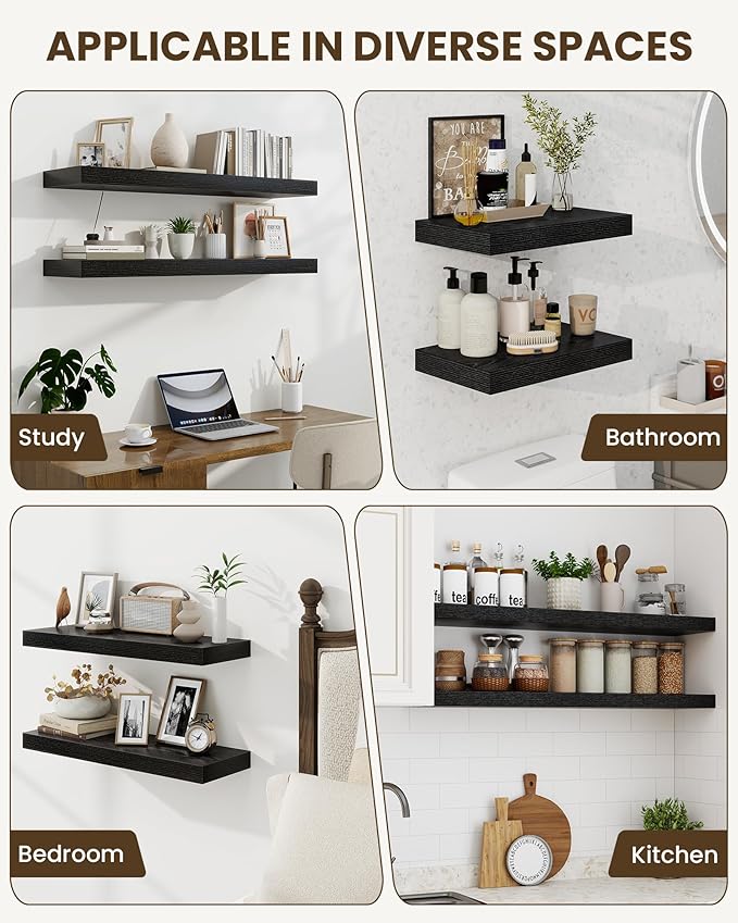 Marsmiles 32" Floating Shelves for Wall, Wooden Shelves with Invisible Brackets Set of 2, Rustic Farmhouse Wall Mounted Shelf for Kitchen Bathroom Living Room Study, Black