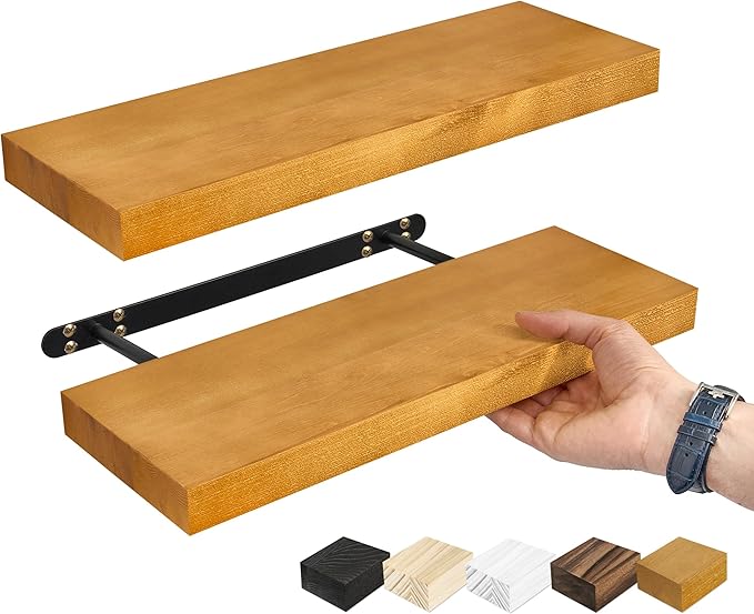 Sorbus Wood Floating Shelves for Wall - 16” Solid Wall Shelves for Bathroom, Bedroom & Living Room - Set of 2 Maple Wood Wall Mounted Shelves - Durable Solid Pine