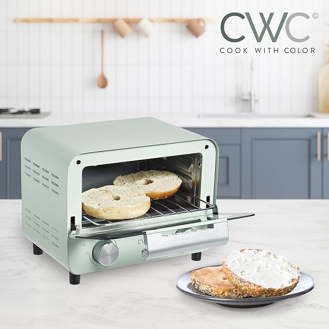 COOK WITH COLOR Mini Toaster Oven: 600W Power, Precision Timer, Auto Shutoff, and Culinary Delights Up To 450 Degrees, Sage