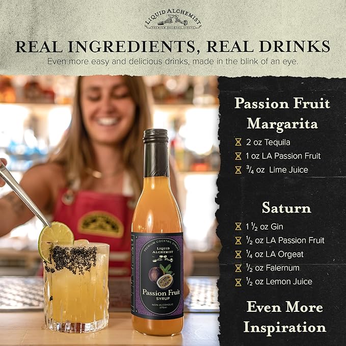 Liquid Alchemist Passion Fruit Syrup for Cocktails - Real Ingredients Make our Passion Fruit Puree for Cocktails the Perfect Margarita Mix - Non-GMO & Vegan (25.4 oz)