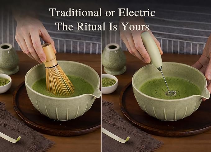 Matcha Whisk Set with Matcha Bowl - Matcha Set Included Electric Frother, Bamboo Whisk, Matcha Spoon, Bamboo Holder, Sifter, Spoon Stand (Mottled Green)