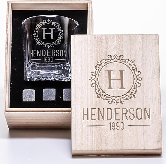 Personalized Whiskey Gifts - 11 oz Engraved Bourbon Glass Present - Custom Whiskey Glass in Wooden Box (Anniversary Design)
