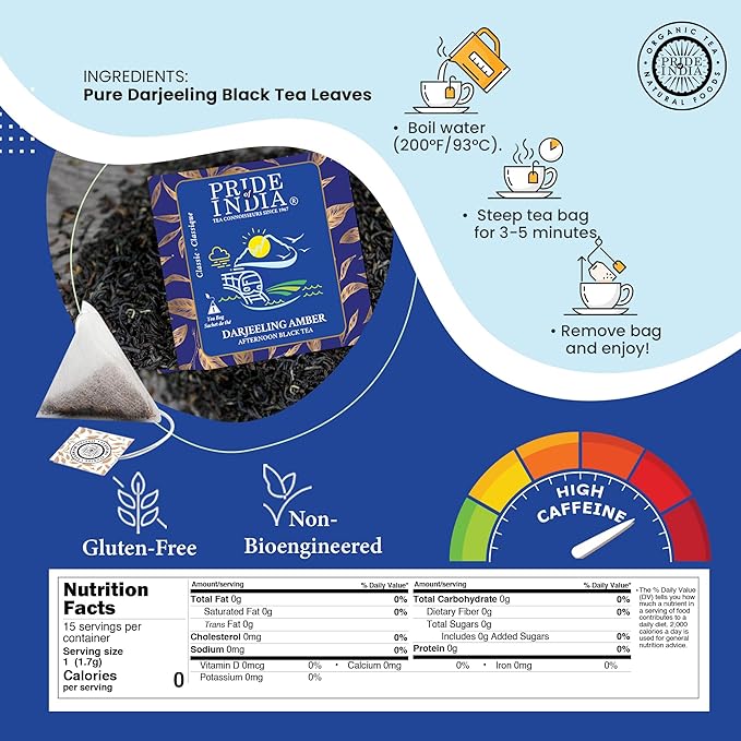 Pride of India | PACK of 2 - Darjeeling Amber: Afternoon Black Tea | 15 Pyramid Full Leaf Individually Wrapped Tea Bags | Smooth, Musky, Flowery Flavor| Single Estate Certified Classic Tea