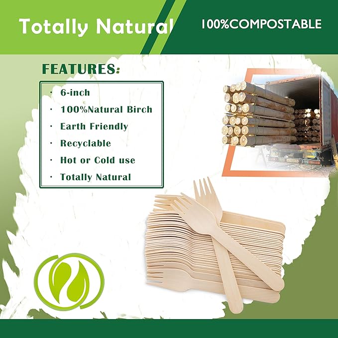 Disposable Wooden Forks -Pack of 100, 6.5" Length-Biodegradable, Natural Wooden Utensils, Great for Parties,Camping,Weddings&Dinner Events (Forks)