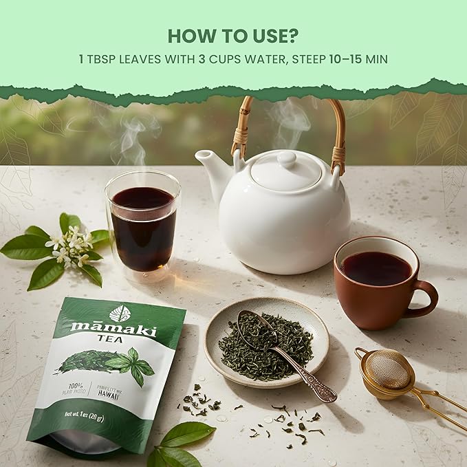Nakihalani Farm Organically Grown Hawaiian Mamaki Tea (2oz) - Caffeine-Free Herbal Tea - Antioxidant-Rich Supports Digestion & Promotes Relaxation