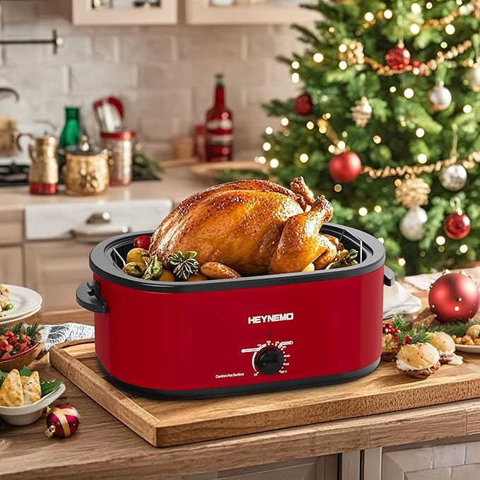 22 Quart Electric Roaster Oven with Viewing & Self-basting Lid, Turkey Roaster Oven with Removable Pan and Rack, RED