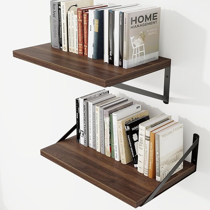 Deep Wall Shelves 16"W x 12"D Engineered Wood Floating Shelves for Wall, Sturdy Metal Bracket Bookshelves Home Decor Storage for Living Room Bedroom Bathroom Kitchen, Set of 2, Walnut Finish