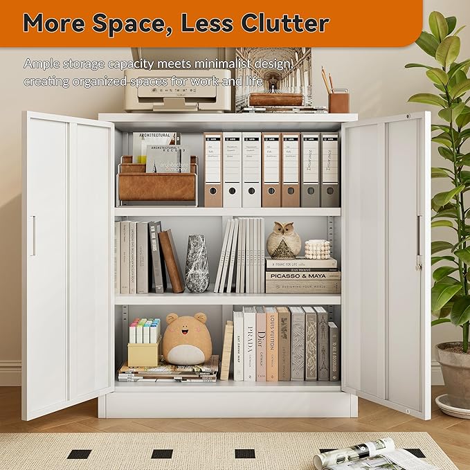 BESFUR Metal Storage Cabinet 36"H, Steel Garage Storage Cabinet with 2 Lockable Doors and 2 Adjustable Shelves, Garage Cabinet for Home Office, Garage,School, Apartment, Warehouse, Utility Room,White