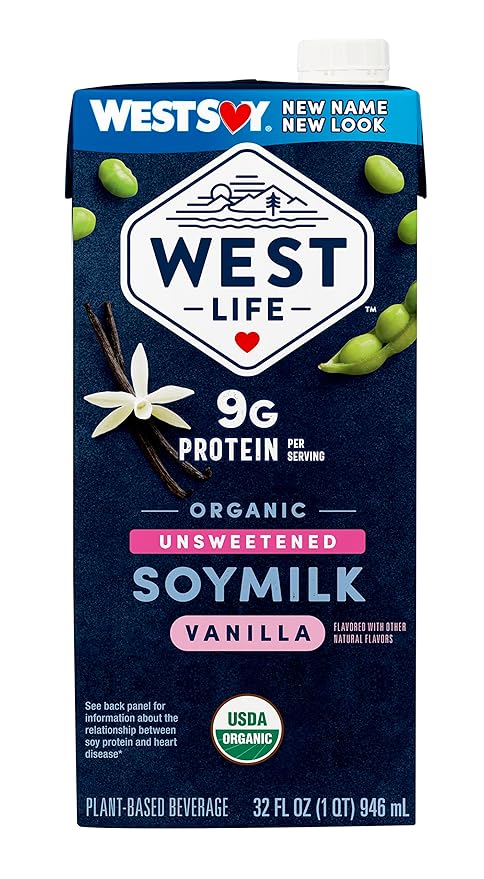 West Life Organic Soy Milk, Unsweetened Vanilla, 8g of Protein, Vegan Dairy Alternative, Lactose-Free, Shelf Stable, 32oz (Pack of 12)