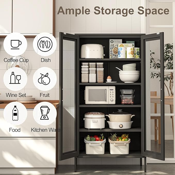 Metal Storage Cabinet,72H Display Cabinets with Adjustable Shelves and 2 Mesh Door,Pantry Organizers and Storage, Black Storage Cabinet for Home,Office,Garage,Bathroom