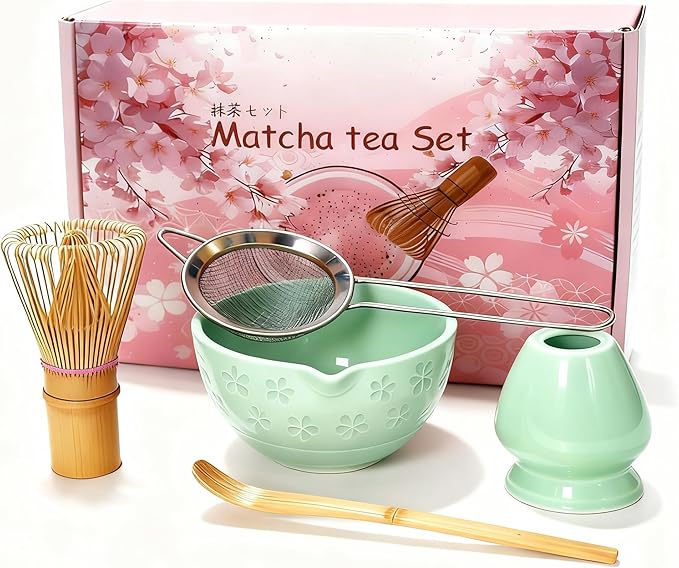 5-Piece Green Ceramic Matcha Set – Matcha Bowl with Spout, Stainless Steel Sifter, Whisk Holder – Complete Matcha Kit for Tea Lovers, Ideal Gift for Christmas, Birthday, and Home Use