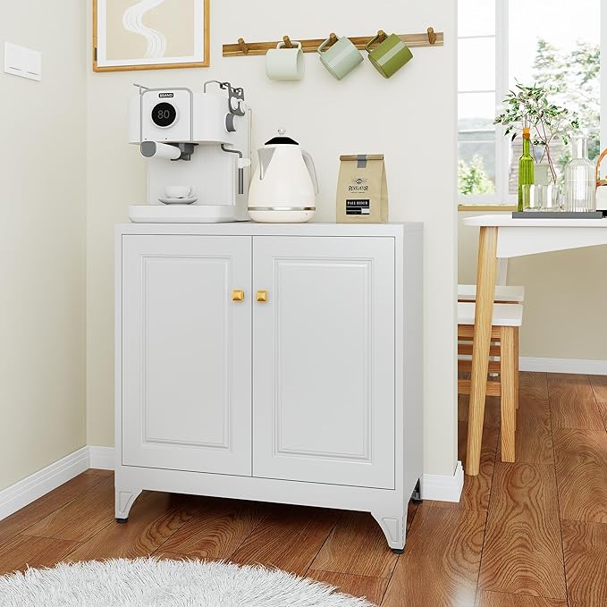 Sideboard Buffet Cabinet, 33" H Sideboard Buffet Storage Cabinet with Doors and Shelves, Coffee Bar, Metal Side Board Cabinets for Living Room, Assembly Required, White