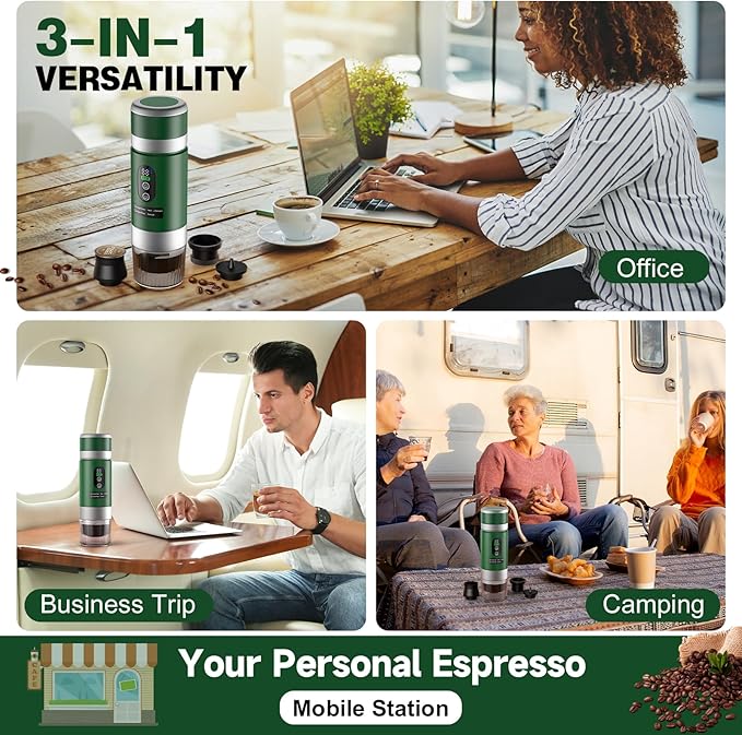 Portable Espresso Machine with Removeable Battery, 20 bar Mini Travel Coffee maker, Expresso Coffee Maker with USB-C,3-in-1 Car Coffee Maker Self-Heating, Ground Coffee & Capsule(Ns&DG)