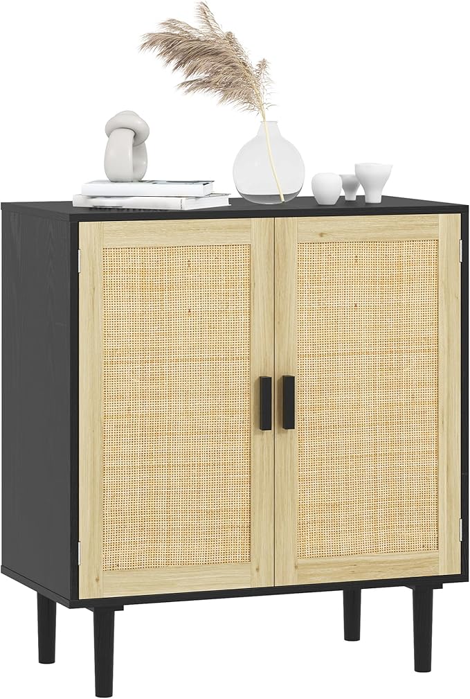 HOMCOM Sideboard Buffet Cabinet, 32" Boho Buffet Table, Rattan Coffee Bar Cabinet with 2 Doors and Shelves for Kitchen, Living Room, Entryway, Black