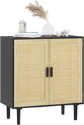 HOMCOM Sideboard Buffet Cabinet, 32" Boho Buffet Table, Rattan Coffee Bar Cabinet with 2 Doors and Shelves for Kitchen, Living Room, Entryway, Black