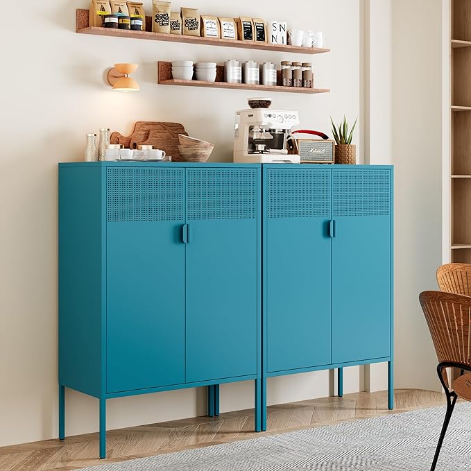 Metal Storage Cabinet,Kitchen Pantry Storage Cabinets with Doors,Buffet Cabinet with 2 Adjustable Shelves,Blue Pantry Cabinets,Steel Sideboard for Home,Shoes,Office,Dining Room