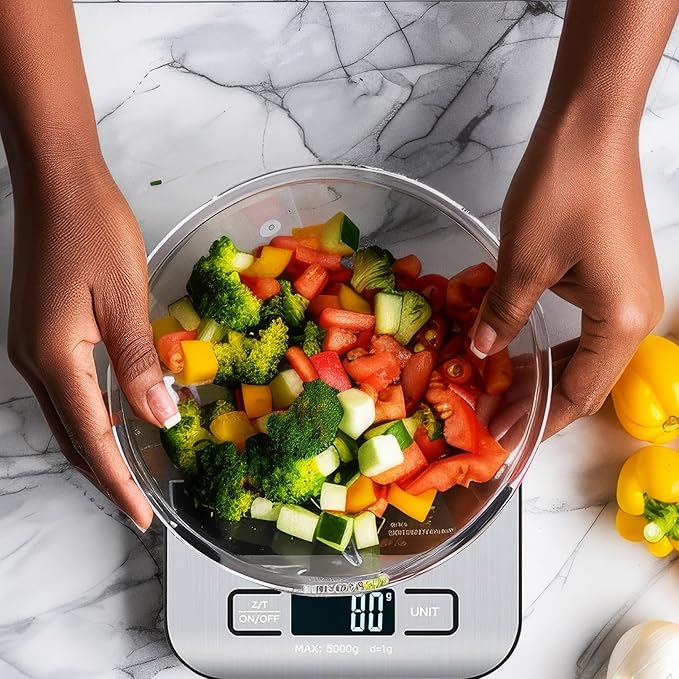 Digital Food Scale with 2 AAA Batteries Trnr-FDSCLE-SLV, Food Scale for Kitchen, Cooking Scale with Zero Tare Option, Kitchen Scale Weighs up to 11 Pounds, Measures in KG, G, LB, OZ, and ML