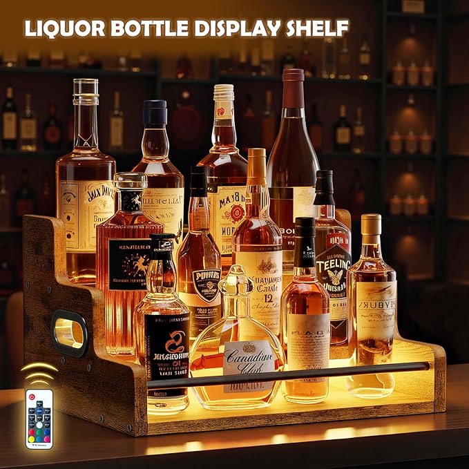 Liquor Bottle Display Shelf, Wine Bottle Display Rack with LED Stripe, 3-Tier Bar Shelf Stand, Whiskey Spirits Wine Holder for Tavern, Mini Bar, Liquor Cabinet, Coffee Syrup Organizer for Home(Brown)