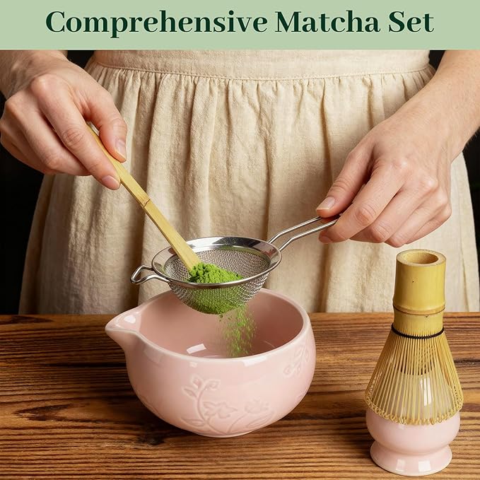 Matcha Whisk Set, Ceramic Matcha Set Includes Matcha Bowl, Matcha Whisk and Holder, Bamboo Scoop, Sifter 5 Pcs Matcha Kit for Matcha Lovers (Light Pink)