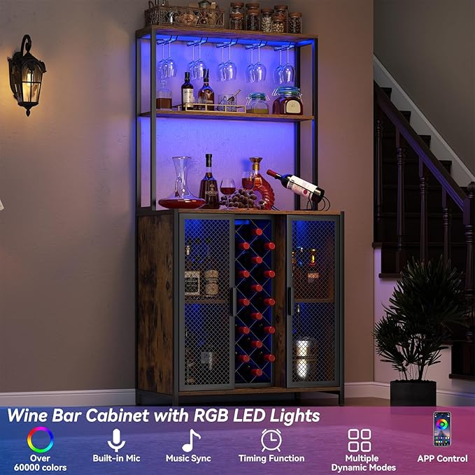 Loomie Wine Bar Cabinet with LED Lights, 5-Tier Industrial Coffee Bar, Buffet Sideboard with Adjustable Shelves, Kitchen Bar Table with Wine Rack Storage and Glass Slots for Liquor and Glasses,Rustic