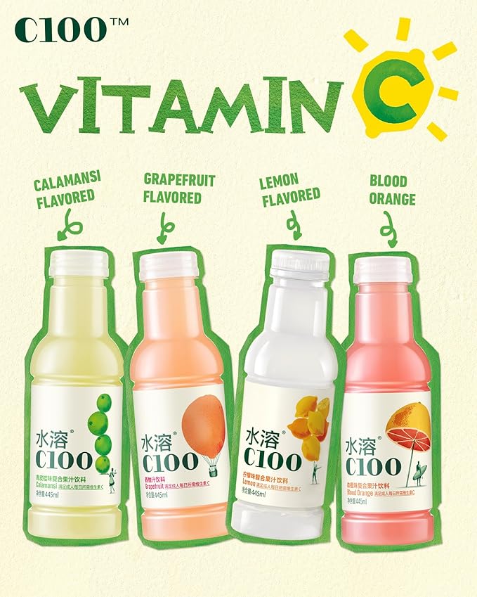 C100 Calamansi Flavored Composite Juice Drink，100mg Vitamin C Per Bottle, 12% Real Fruit Juice, -15 fl oz, 445mL, 15 Pack