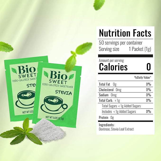 BioSweet Zero Bitterness Stevia Packets | Zero Calorie Sweetener | Non GMO, Natural, Gluten Free, Vegan | Nothing Artificial (50 Packets)