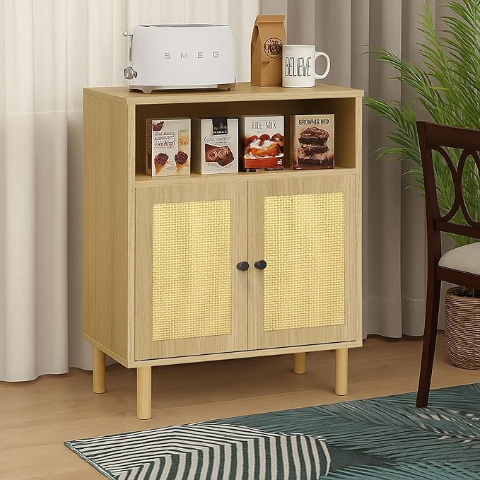 Rattan Small Coffee Bar Cabinet, Kitchen Storage Sideboad,Bathroom Corner Floor Shallow Cabinet with Adjustable Shelves & 2 Doors 11.6'' x 23.2'' x 32'' (Oak)