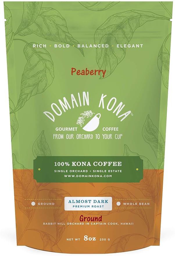 100% Kona Coffee PEABERRY – GROUND, Almost Dark roast, Single estate gourmet coffee, 8 ounces, ships direct from Domain Kona Coffee, farm fresh
