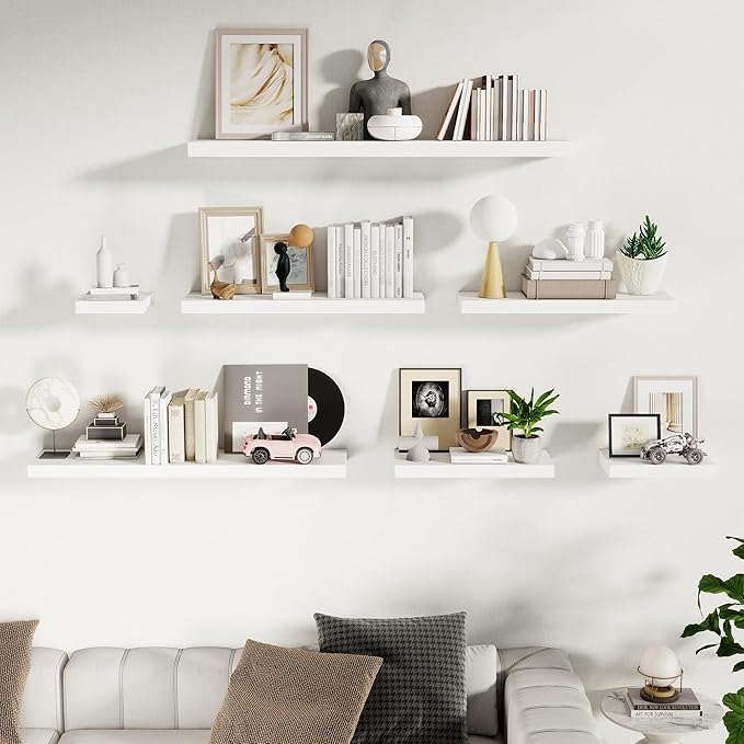Fun Memories 24 x 10 Floating Shelves Wall-Mounted - Rustic Wood Shelf - 10 Inch Deep Floating Shelves for Wall - Large Storage Shelf for Bathroom - Kitchen & Bedroom - White - Set of 2