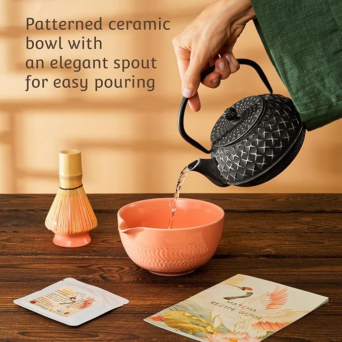 Matcha Whisk Set, Ceramic Bowl with Spout, Bamboo Whisk, Ceremonial Matcha Powder, Recipe Guide, Sifter, Holder, Scoop, Matcha Kit for Tea Lovers, Gift Box (Salmon Pink)