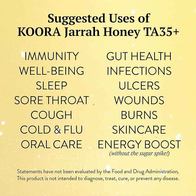 KOORA Jarrah Honey TA 35+ (MGO 2000+ Manuka Honey Rating Equiv.) Low GI, Raw Medicinal Honey for Daily Health & Immune Support, from the Wild Ancient Forests of Western Australia 8.8 oz