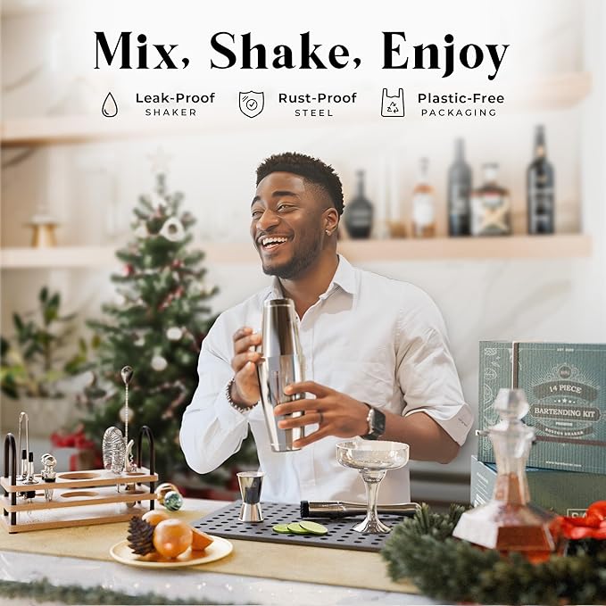 BARE BARREL® Mixology Bartender Kit Bar Set | 14-Piece Cocktail Shaker Set | Martini Barware Mixing Tools for Home Bartending | 35 Recipe Cards | Gift Set (28oz Boston Shaker, Silver/Natural)
