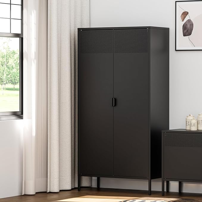 71 inches Black Metal Storage Cabinet with Doors and Shelves, 5 Tier Pantry Cabinet, Metal Cabinet for Home, Office, Dining, Laundry, Living, Bathroom and Utility Use