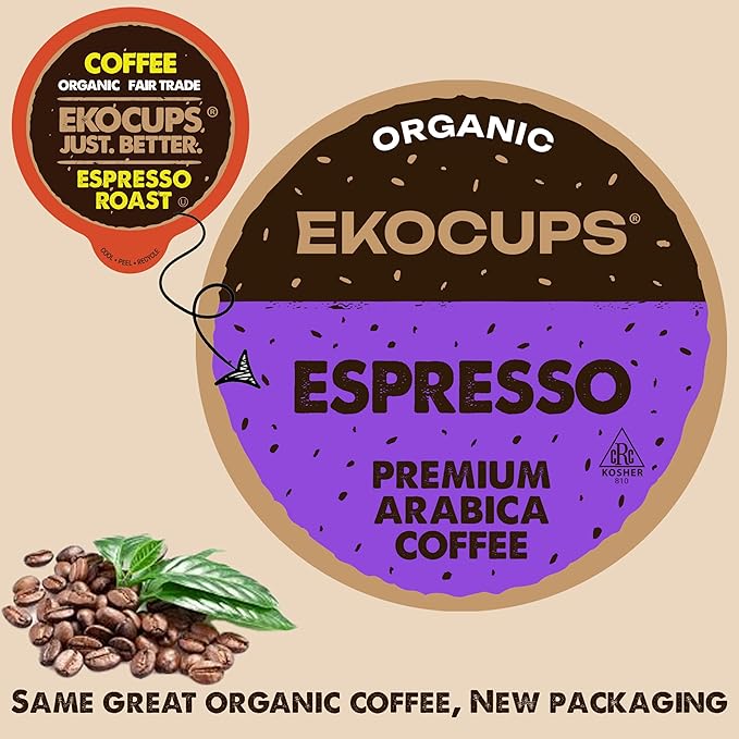 EKOCUPS Organic Espresso Roast Coffee Pods, Extra 30% More Coffee Per Cup, Artisan Fair Trade Dark Roast, Espresso Coffee for Keurig K Cup Machines, Recyclable Pods, 40 Count