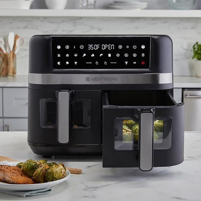 West Bend Double Up Air Fryer Dual Basket 10-Quart Capacity with Digital Controls View Windows and 15 Cooking Presets, Nonstick Frying Baskets, Dual-Zone Cooking, 1600-Watts, Black