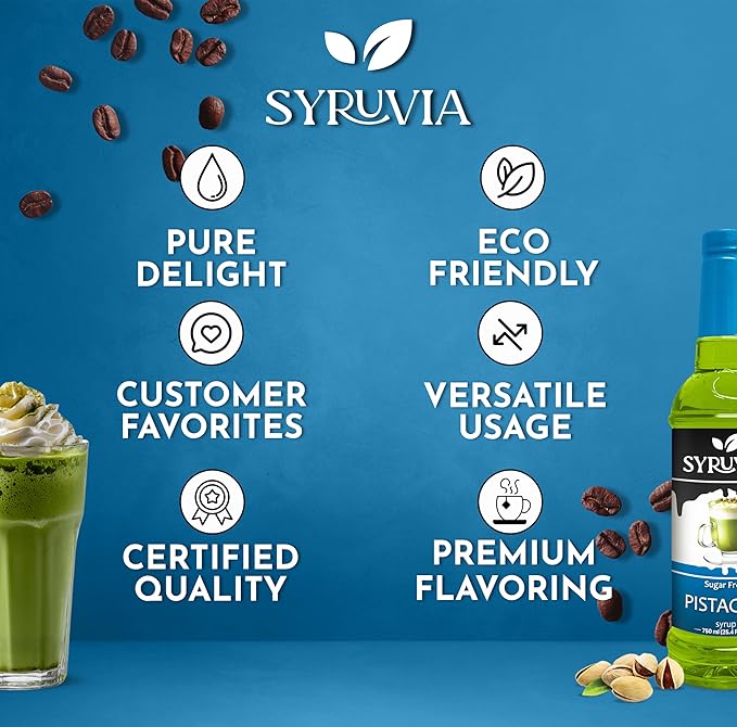 Syruvia Sugar Free Coffee Syrup, Pistachio Flavored Syrup for Drinks and Desserts – 25.4 fl oz
