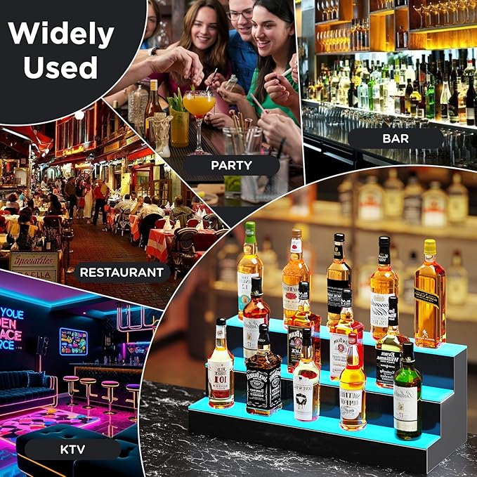Dethan 2 Tier 40 Inch Liquor Bottle Display Shelf - Wine Racks with Multi-Color App & Remote Control, Adjustable Brightness & Sound Modes, Acrylic Bar Shelves for Commercial Clubs
