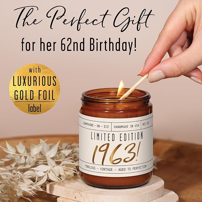 62nd Birthday Gifts for Women - 'Limited Edition 1963' Soy Candle, w/Champagne on Ice I 62 Birthday Gifts for Women I 62nd Gift for Her Ideas I 9oz Reusable Jar, 50Hr Burn, Made in USA