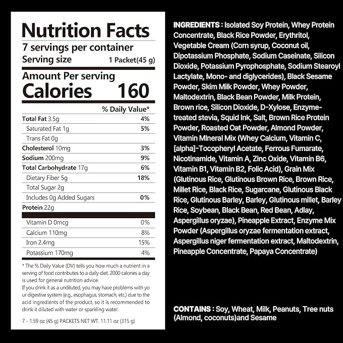 Black Sesame Protein Shake, With Crunchy Protein Balls, Protein Smoothie Powder - 22g Protein, Low Sugar, Keto-Friendly Meal Replacement Shake, 1.59oz, 7packs, 7 Servings (7 Packs X 1.59 oz)