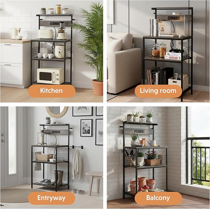 Simple Deluxe Kitchen Bakers Rack with Power Outlet, Coffee Bar Accessories Table, 4-Tier Adjustable Storage Shelf for Spices, Freestanding Appliance Organizer, 23.6 Inch, Gray