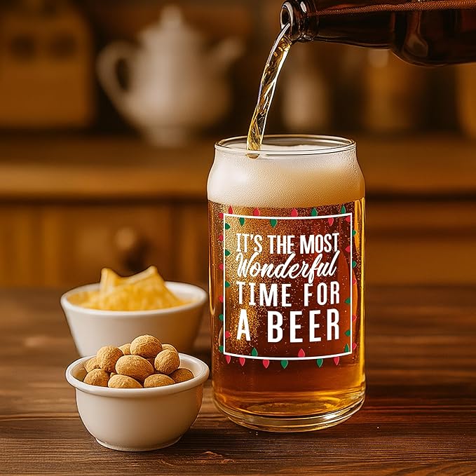 On The Rox Most Wonderful Time for a Beer- Red, Green and White- 16 Ounce Glass- Ideal for Men and Women - Funny Glass (Most Wonderful)