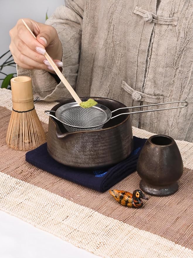 Artcome Matcha Tool Set - Complete Kit with Matcha Bowl with Spout, Bamboo Whisk, Tea Scoop, Whisk Holder, Scoop Holder, Tea Cloth & Powder Strainer, Antique Finish