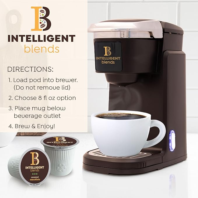 Intelligent Blends Caramel Macchiato Flavored Coffee Pods, 100 ct, Medium Roast Recyclable Single Serve Pods – 100% Arabica Coffee, Compatible with Keurig K Cups Maker