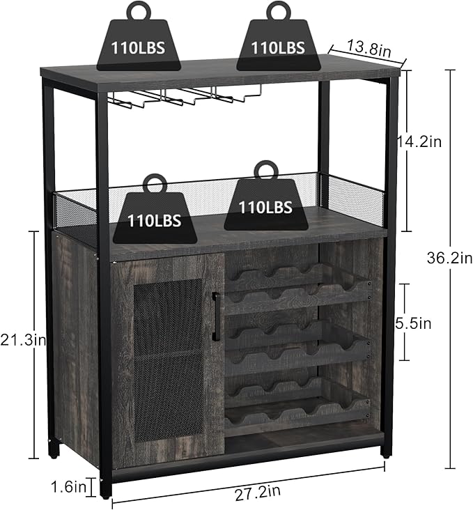 GarveeHome 3-Tier Wine Bar Cabinet with Detachable Wine Rack, Liquor Cabinet with Storage, Coffee Bar Cabinet with Glass Holder & Door, Sideboard Buffet Bar for Living Room, Dining Room, Dark Wood