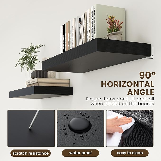 30 Inch Floating Shelves | 12 Inch Deep Black Floating Shelves | 30" W x 12" D Rustic Wood Shelves for Wall | Deep Black Shelves for Living Room Bathroom Laundry Room Kitchen