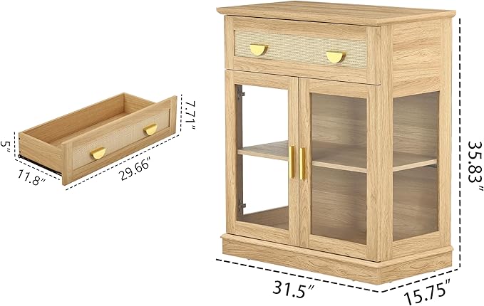 31.5'' Small Buffet Cabinet with Glass Doors,Small Coffee Bar Cabinet with Storage,Modern Sideboard with Adjustable Shelf and a Drawer,for Kitchen,Natural