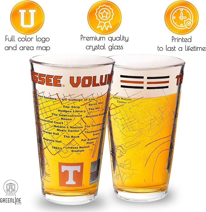 Greenline Goods – University of Tennessee Volunteers College Pint Beer Glasses (Set of 2), 16 oz – Full-Color Logo + Campus Map