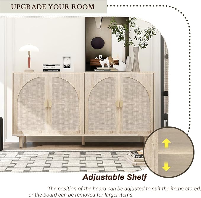 Beige Sideboard Buffet Cabinet, 4-Door Rattan Storage Cabinet, Coffee Bar with Adjustable Shelf, Accent Furniture for Living Room, Entryway, Home Office, Oak