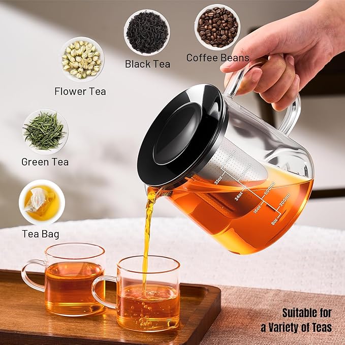 PARACITY Glass Teapot Stovetop 33oz/1000ml, Tea pot with Removable 18/8 Stainless Steel Infuser, Borosilicate Clear Tea Kettle, Teapot Blooming and Loose Leaf Tea Maker Tea Brewer for Camping